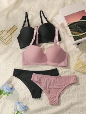 Women's Solid Color Bra With Underwire And Triangle Underwear, 4 Sets In 2 Packs