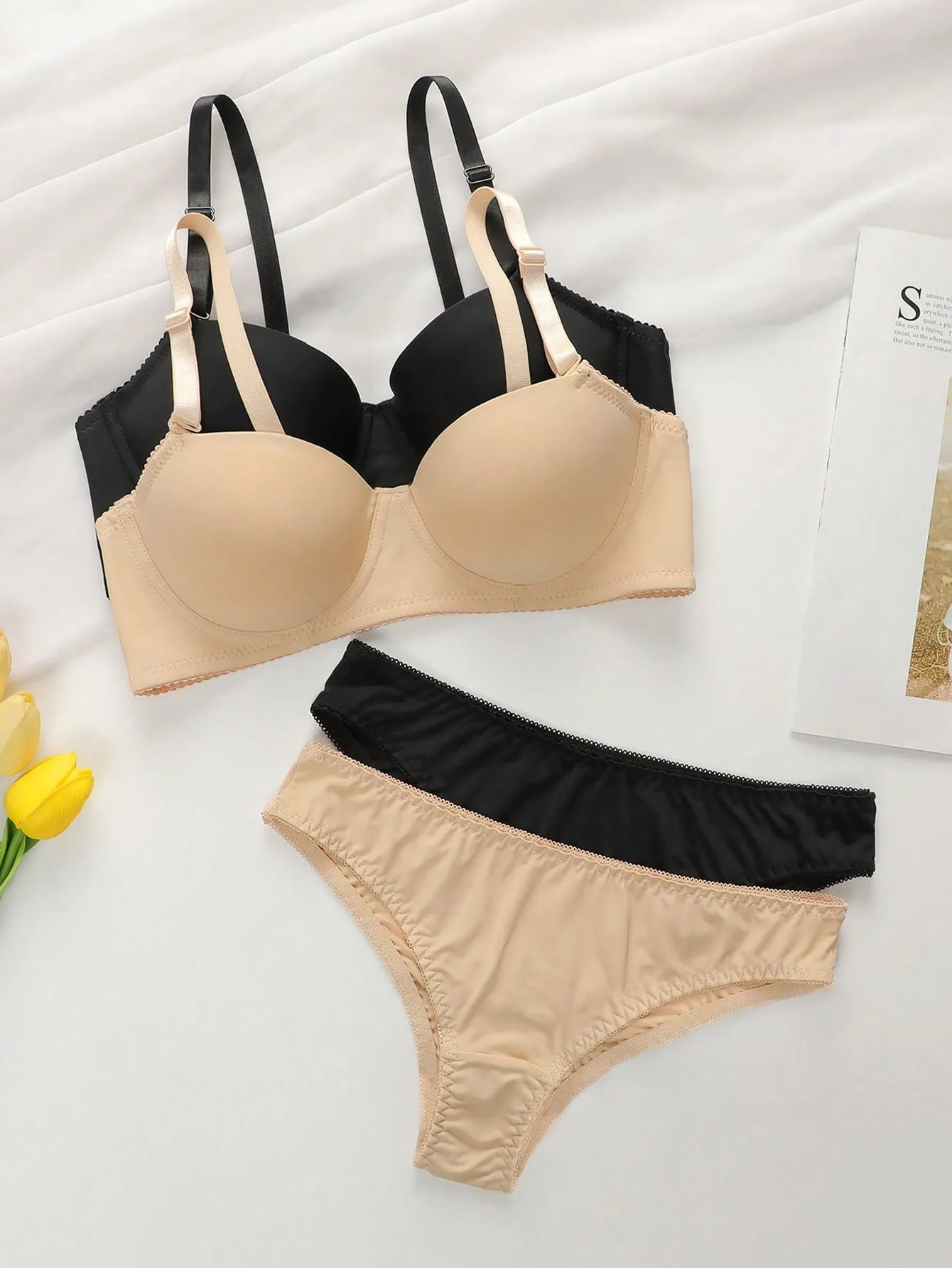 Women's Solid Color Bra With Underwire And Triangle Underwear, 4 Sets In 2 Packs