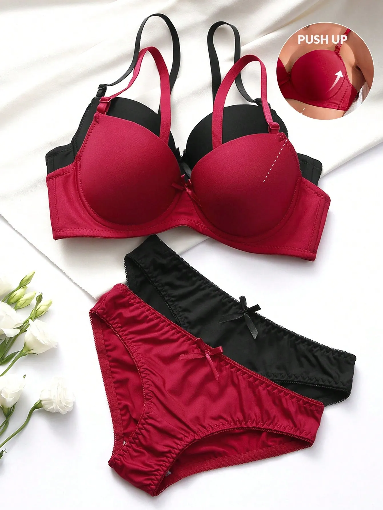Women's Solid Color Bra With Underwire And Triangle Underwear, 4 Sets In 2 Packs