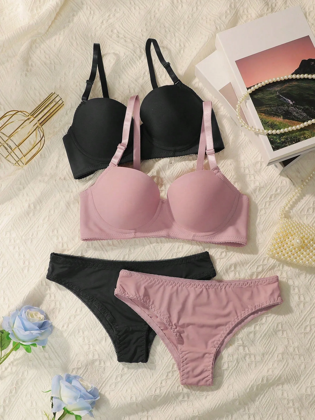 Women's Solid Color Bra With Underwire And Triangle Underwear, 4 Sets In 2 Packs
