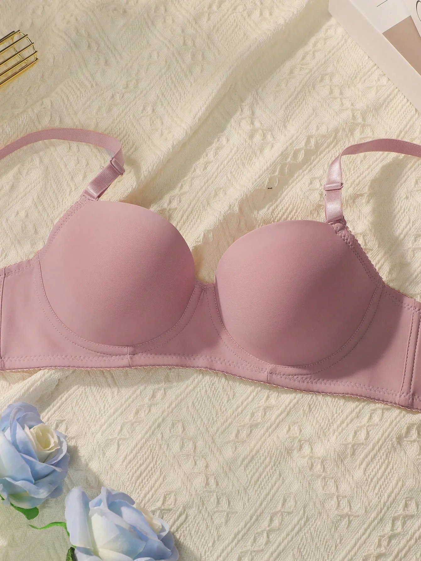 Women's Solid Color Bra With Underwire And Triangle Underwear, 4 Sets In 2 Packs