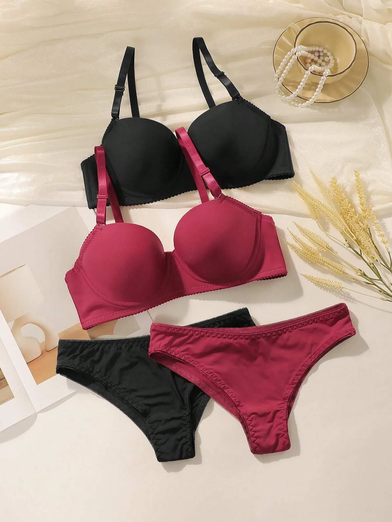 Women's Solid Color Bra With Underwire And Triangle Underwear, 4 Sets In 2 Packs