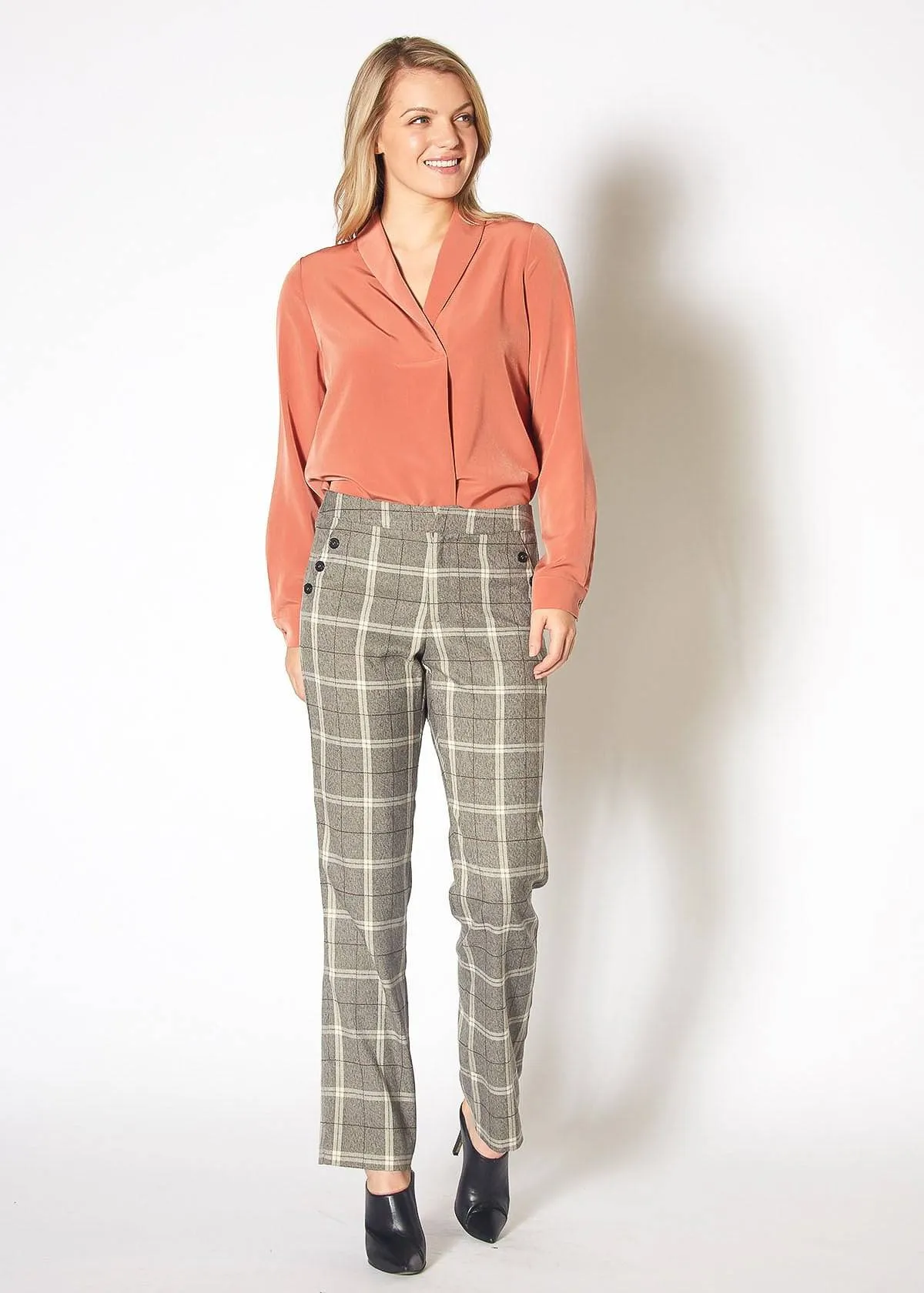 Women's Suiting Straight Pants in Mocha Plaid by Shop at Konus