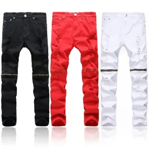 Worn-out Hole Mid Waist Straight Leg Zipper Jeans for Men