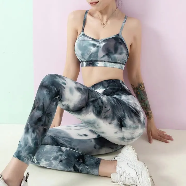 ZS- Tie Dye Women Workout Fitness Gym High Waisted-Leggings & Yoga BRA